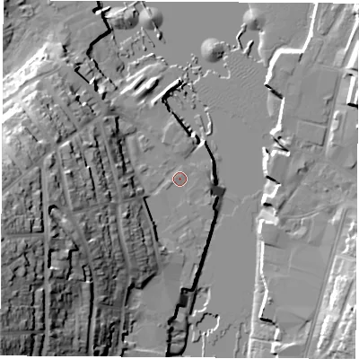 Shaded relief map of the ground around PO317DU, computed from Environment Agency LiDAR. The ground here sits at about 2 m above sea level and falls 38 m across the surrounding 800 m. Surface water reaching this point runs off ground lying to the west-south-west, 28.1 m higher.
