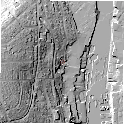 Shaded relief map of the ground around PO317DW, computed from Environment Agency LiDAR. The ground here sits at about 7 m above sea level and falls 50 m across the surrounding 800 m. Surface water reaching this point runs off ground lying to the west, 16.1 m higher.