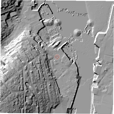 Shaded relief map of the ground around PO317HT, computed from Environment Agency LiDAR. The ground here sits at about 3 m above sea level and falls 42 m across the surrounding 800 m. Surface water reaching this point runs off ground lying to the west-south-west, 32.4 m higher.