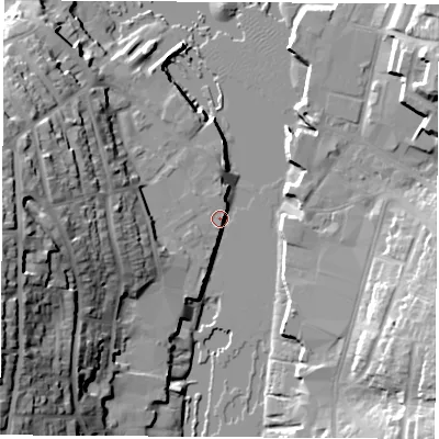 Shaded relief map of the ground around PO317LP, computed from Environment Agency LiDAR. The ground here sits at about 2 m above sea level and falls 31 m across the surrounding 800 m. Surface water reaching this point runs off ground lying to the west-south-west, 12.4 m higher.