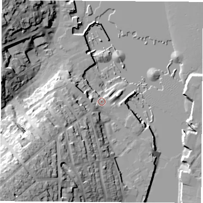 Shaded relief map of the ground around PO317NU, computed from Environment Agency LiDAR. The ground here sits at about 3 m above sea level and falls 43 m across the surrounding 800 m. Surface water reaching this point runs off ground lying to the west, 11.8 m higher.