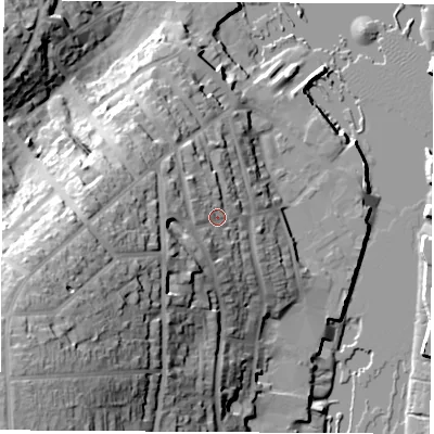 Shaded relief map of the ground around PO317PB, computed from Environment Agency LiDAR. The ground here sits at about 15 m above sea level and falls 51 m across the surrounding 800 m. Surface water reaching this point runs off ground lying to the west-south-west, 6.0 m higher.