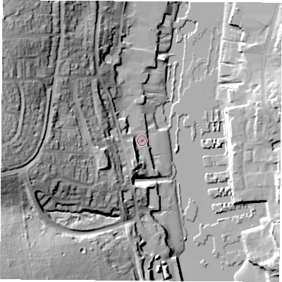 Shaded relief map of the ground around PO317PG, computed from Environment Agency LiDAR. The ground here sits at about 3 m above sea level and falls 46 m across the surrounding 800 m. Surface water reaching this point runs off ground lying to the west-south-west, 36.0 m higher.