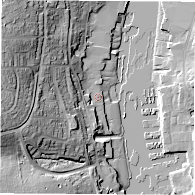 Shaded relief map of the ground around PO317PQ, computed from Environment Agency LiDAR. The ground here sits at about 3 m above sea level and falls 47 m across the surrounding 800 m. Surface water reaching this point runs off ground lying to the west-south-west, 32.8 m higher.