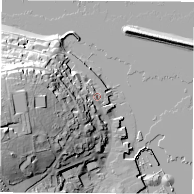 Shaded relief map of the ground around PO317QH, computed from Environment Agency LiDAR. The ground here sits at about 4 m above sea level and falls 43 m across the surrounding 800 m. Surface water reaching this point runs off ground lying to the west-south-west, 34.6 m higher.