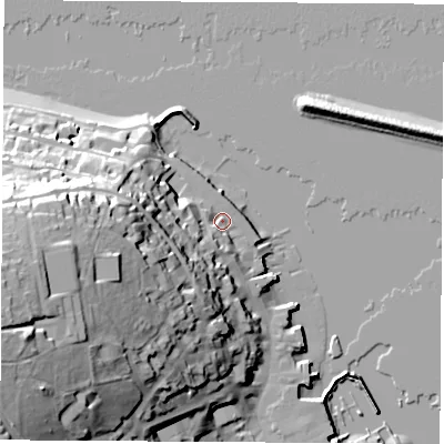 Shaded relief map of the ground around PO317QJ, computed from Environment Agency LiDAR. The ground here sits at about 3 m above sea level and falls 43 m across the surrounding 800 m. Surface water reaching this point runs off ground lying to the west-south-west, 27.7 m higher.