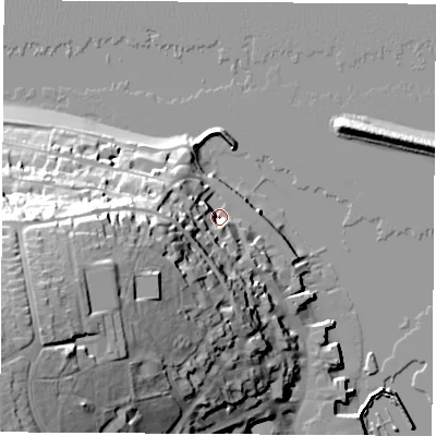 Shaded relief map of the ground around PO317QS, computed from Environment Agency LiDAR. The ground here sits at about 4 m above sea level and falls 46 m across the surrounding 800 m. Surface water reaching this point runs off ground lying to the west-south-west, 37.9 m higher.