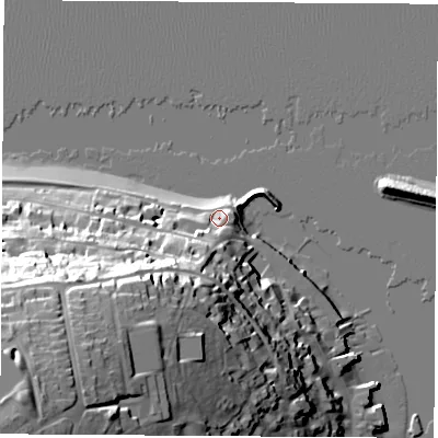 Shaded relief map of the ground around PO317QT, computed from Environment Agency LiDAR. The ground here sits at about 4 m above sea level and falls 48 m across the surrounding 800 m. Surface water reaching this point runs off ground lying to the south-south-west, 23.5 m higher.