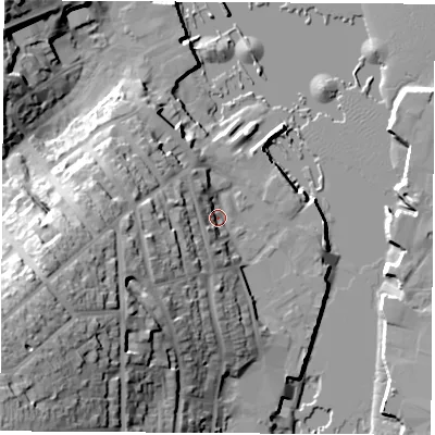 Shaded relief map of the ground around PO317RJ, computed from Environment Agency LiDAR. The ground here sits at about 4 m above sea level and falls 46 m across the surrounding 800 m. Surface water reaching this point runs off ground lying to the west-south-west, 15.5 m higher.