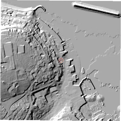 Shaded relief map of the ground around PO317RR, computed from Environment Agency LiDAR. The ground here sits at about 3 m above sea level and falls 41 m across the surrounding 800 m. Surface water reaching this point runs off ground lying to the west, 35.3 m higher.