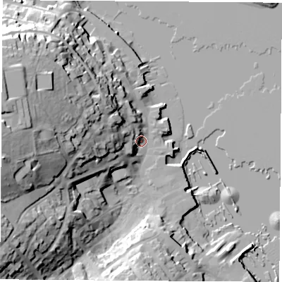 Shaded relief map of the ground around PO317RS, computed from Environment Agency LiDAR. The ground here sits at about 4 m above sea level and falls 41 m across the surrounding 800 m. Surface water reaching this point runs off ground lying to the west, 35.9 m higher.