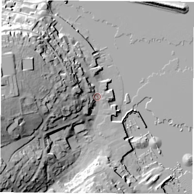 Shaded relief map of the ground around PO317RT, computed from Environment Agency LiDAR. The ground here sits at about 3 m above sea level and falls 39 m across the surrounding 800 m. Surface water reaching this point runs off ground lying to the west, 34.3 m higher.