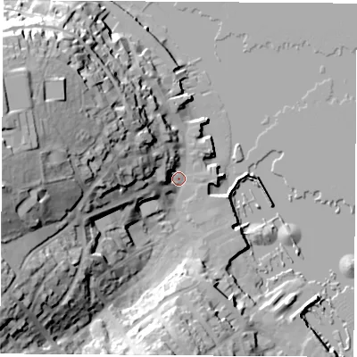 Shaded relief map of the ground around PO317RX, computed from Environment Agency LiDAR. The ground here sits at about 3 m above sea level and falls 41 m across the surrounding 800 m. Surface water reaching this point runs off ground lying to the west, 35.9 m higher.