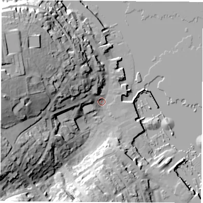 Shaded relief map of the ground around PO317RY, computed from Environment Agency LiDAR. The ground here sits at about 3 m above sea level and falls 41 m across the surrounding 800 m. Surface water reaching this point runs off ground lying to the west-north-west, 36.2 m higher.