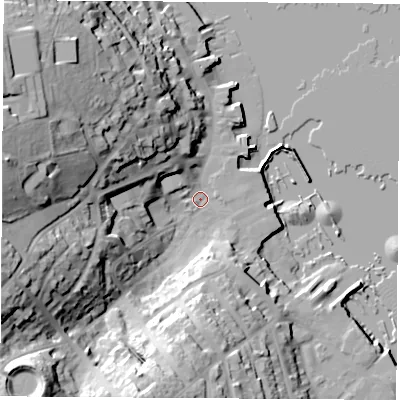 Shaded relief map of the ground around PO317RZ, computed from Environment Agency LiDAR. The ground here sits at about 2 m above sea level and falls 41 m across the surrounding 800 m. Surface water reaching this point runs off ground lying to the west-north-west, 35.9 m higher.