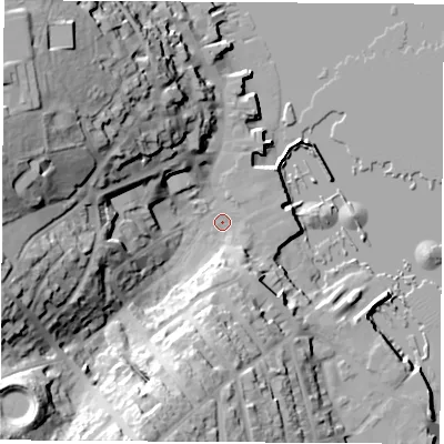 Shaded relief map of the ground around PO317SA, computed from Environment Agency LiDAR. The ground here sits at about 2 m above sea level and falls 39 m across the surrounding 800 m. Surface water reaching this point runs off ground lying to the west-north-west, 33.3 m higher.
