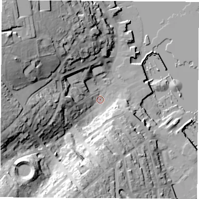 Shaded relief map of the ground around PO317SU, computed from Environment Agency LiDAR. The ground here sits at about 3 m above sea level and falls 43 m across the surrounding 800 m. Surface water reaching this point runs off ground lying to the south-west, 37.3 m higher.