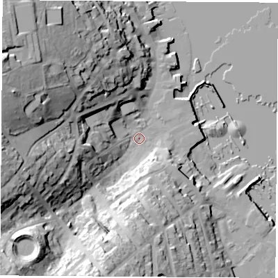 Shaded relief map of the ground around PO317TA, computed from Environment Agency LiDAR. The ground here sits at about 3 m above sea level and falls 43 m across the surrounding 800 m. Surface water reaching this point runs off ground lying to the south-west, 35.5 m higher.