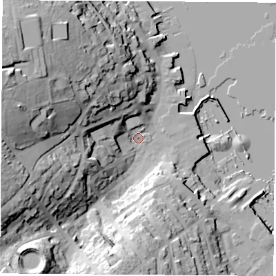 Shaded relief map of the ground around PO317TD, computed from Environment Agency LiDAR. The ground here sits at about 3 m above sea level and falls 43 m across the surrounding 800 m. Surface water reaching this point runs off ground lying to the west-north-west, 36.7 m higher.
