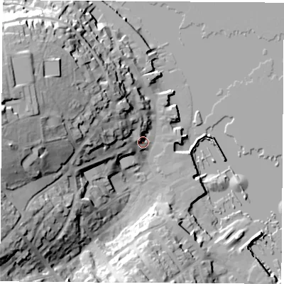 Shaded relief map of the ground around PO317TX, computed from Environment Agency LiDAR. The ground here sits at about 6 m above sea level and falls 43 m across the surrounding 800 m. Surface water reaching this point runs off ground lying to the west-north-west, 28.3 m higher.