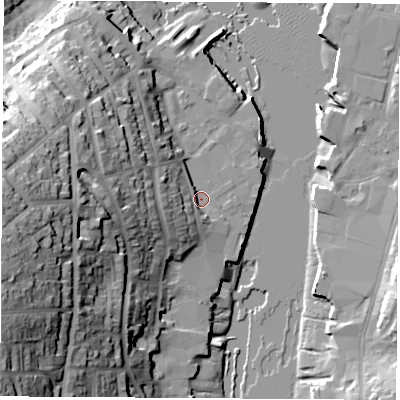 Shaded relief map of the ground around PO317UL, computed from Environment Agency LiDAR. The ground here sits at about 3 m above sea level and falls 44 m across the surrounding 800 m. Surface water reaching this point runs off ground lying to the west, 7.9 m higher.