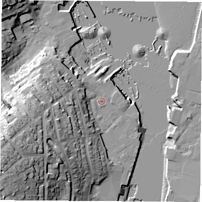 Shaded relief map of the ground around PO317XB, computed from Environment Agency LiDAR. The ground here sits at about 3 m above sea level and falls 43 m across the surrounding 800 m. Surface water reaching this point runs off ground lying to the west-south-west, 33.0 m higher.