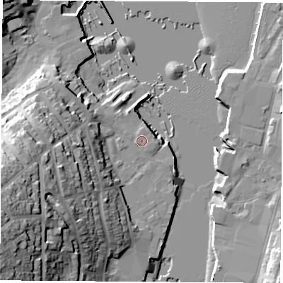 Shaded relief map of the ground around PO317XF, computed from Environment Agency LiDAR. The ground here sits at about 3 m above sea level and falls 39 m across the surrounding 800 m. Surface water reaching this point runs off ground lying to the west-south-west, 28.5 m higher.