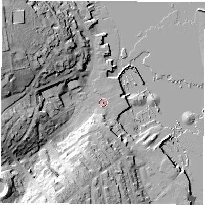 Shaded relief map of the ground around PO317XJ, computed from Environment Agency LiDAR. The ground here sits at about 3 m above sea level and falls 38 m across the surrounding 800 m. Surface water reaching this point runs off ground lying to the south-south-west, 14.0 m higher.