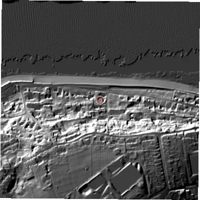 Shaded relief map of the ground around PO318AU, computed from Environment Agency LiDAR. The ground here sits at about 6 m above sea level and falls 49 m across the surrounding 800 m. Surface water reaching this point runs off ground lying to the south, 42.0 m higher.