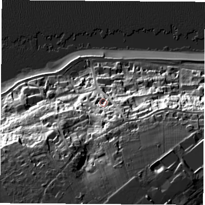 Shaded relief map of the ground around PO318BP, computed from Environment Agency LiDAR. The ground here sits at about 20 m above sea level and falls 51 m across the surrounding 800 m. Surface water reaching this point runs off ground lying to the south-south-east, 20.7 m higher.