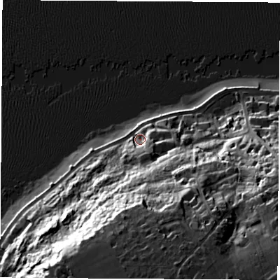 Shaded relief map of the ground around PO318BS, computed from Environment Agency LiDAR. The ground here sits at about 4 m above sea level and falls 49 m across the surrounding 800 m. Surface water reaching this point runs off ground lying to the south-south-east, 43.3 m higher.