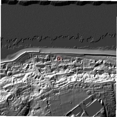 Shaded relief map of the ground around PO318BW, computed from Environment Agency LiDAR. The ground here sits at about 5 m above sea level and falls 48 m across the surrounding 800 m. Surface water reaching this point runs off ground lying to the south, 42.2 m higher.