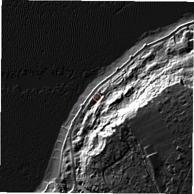 Shaded relief map of the ground around PO318BZ, computed from Environment Agency LiDAR. The ground here sits at about 4 m above sea level and falls 49 m across the surrounding 800 m. Surface water reaching this point runs off ground lying to the east-south-east, 38.2 m higher.