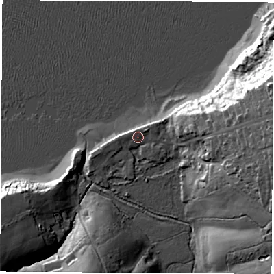 Shaded relief map of the ground around PO318HX, computed from Environment Agency LiDAR. The ground here sits at about 2 m above sea level and falls 30 m across the surrounding 800 m. Surface water reaching this point runs off ground lying to the north-east, 1.6 m higher.