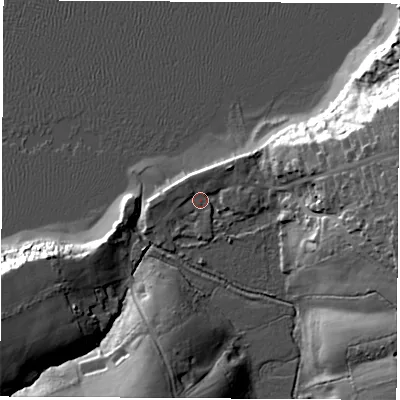 Shaded relief map of the ground around PO318JQ, computed from Environment Agency LiDAR. The ground here sits at about 2 m above sea level and falls 28 m across the surrounding 800 m. Surface water reaching this point runs off ground lying to the north-west, 2.1 m higher.
