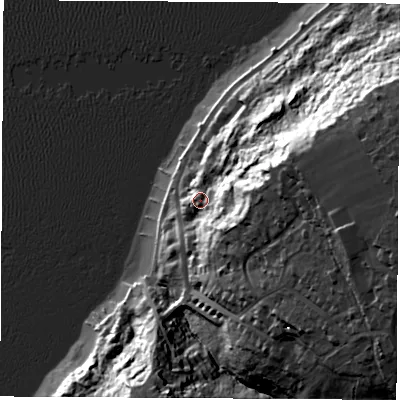 Shaded relief map of the ground around PO318LE, computed from Environment Agency LiDAR. The ground here sits at about 11 m above sea level and falls 47 m across the surrounding 800 m. Surface water reaching this point runs off ground lying to the east-south-east, 20.9 m higher.