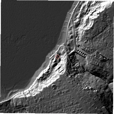 Shaded relief map of the ground around PO318LL, computed from Environment Agency LiDAR. The ground here sits at about 6 m above sea level and falls 43 m across the surrounding 800 m. Surface water reaching this point runs off ground lying to the south-east, 21.6 m higher.