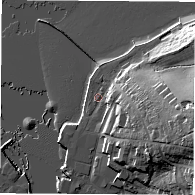 Shaded relief map of the ground around PO326AA, computed from Environment Agency LiDAR. The ground here sits at about 2 m above sea level and falls 34 m across the surrounding 800 m. Surface water reaching this point runs off ground lying to the east-south-east, 29.4 m higher.