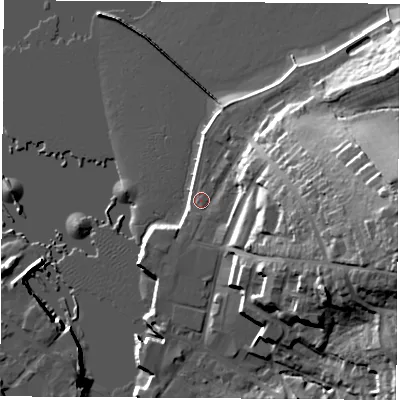 Shaded relief map of the ground around PO326AB, computed from Environment Agency LiDAR. The ground here sits at about 3 m above sea level and falls 32 m across the surrounding 800 m. Surface water reaching this point runs off ground lying to the east, 26.9 m higher.