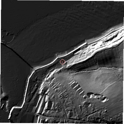 Shaded relief map of the ground around PO326AD, computed from Environment Agency LiDAR. The ground here sits at about 3 m above sea level and falls 44 m across the surrounding 800 m. Surface water reaching this point runs off ground lying to the south-east, 37.9 m higher.