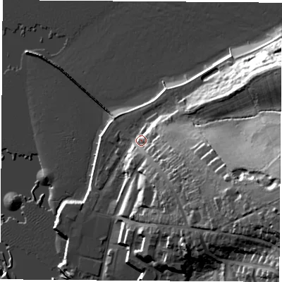 Shaded relief map of the ground around PO326AE, computed from Environment Agency LiDAR. The ground here sits at about 7 m above sea level and falls 39 m across the surrounding 800 m. Surface water reaching this point runs off ground lying to the east-south-east, 15.9 m higher.