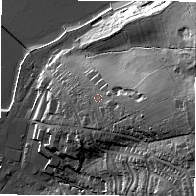 Shaded relief map of the ground around PO326BT, computed from Environment Agency LiDAR. The ground here sits at about 23 m above sea level and falls 48 m across the surrounding 800 m. Surface water reaching this point runs off ground lying to the east-south-east, 9.6 m higher.