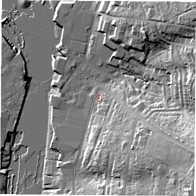 Shaded relief map of the ground around PO326EP, computed from Environment Agency LiDAR. The ground here sits at about 4 m above sea level and falls 36 m across the surrounding 800 m. Surface water reaching this point runs off ground lying to the east-south-east, 27.3 m higher.