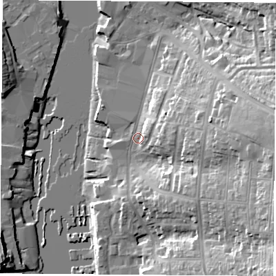 Shaded relief map of the ground around PO326ET, computed from Environment Agency LiDAR. The ground here sits at about 4 m above sea level and falls 31 m across the surrounding 800 m. Surface water reaching this point runs off ground lying to the east-north-east, 8.6 m higher.