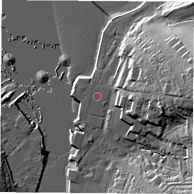 Shaded relief map of the ground around PO326EZ, computed from Environment Agency LiDAR. The ground here sits at about 3 m above sea level and falls 31 m across the surrounding 800 m. Surface water reaching this point runs off ground lying to the east-north-east, 0.9 m higher.