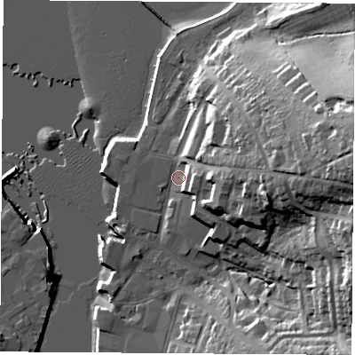 Shaded relief map of the ground around PO326GG, computed from Environment Agency LiDAR. The ground here sits at about 3 m above sea level and falls 35 m across the surrounding 800 m. Surface water reaching this point runs off ground lying to the east, 29.7 m higher.