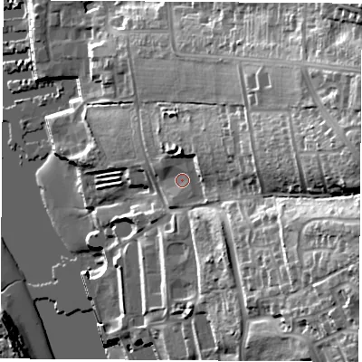 Shaded relief map of the ground around PO326JS, computed from Environment Agency LiDAR. The ground here sits at about 15 m above sea level and falls 48 m across the surrounding 800 m. Surface water reaching this point runs off ground lying to the north-east, 2.0 m higher.