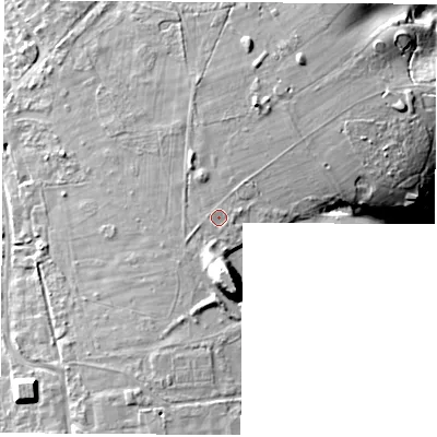 Shaded relief map of the ground around PO326JX, computed from Environment Agency LiDAR. The ground here sits at about 53 m above sea level and falls 20 m across the surrounding 800 m. The ground contributing surface water to this point lies to the south-south-east.