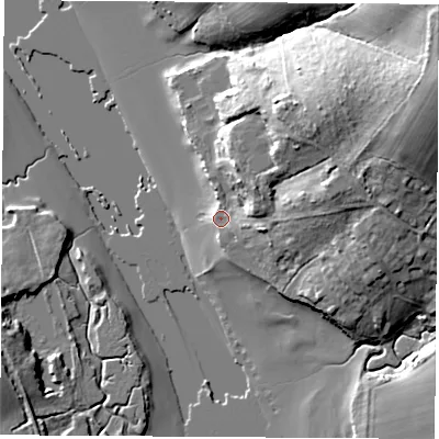 Shaded relief map of the ground around PO326NB, computed from Environment Agency LiDAR. The ground here sits at about 2 m above sea level and falls 33 m across the surrounding 800 m. Surface water reaching this point runs off ground lying to the east-north-east, 26.2 m higher.