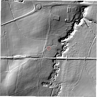 Shaded relief map of the ground around PO326NJ, computed from Environment Agency LiDAR. The ground here sits at about 19 m above sea level and falls 35 m across the surrounding 800 m. Surface water reaching this point runs off ground lying to the south-south-west, 2.5 m higher.